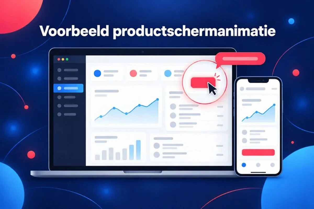 Voorbeeld van een productschermanimatie: zoom op een dashboardknop en een telefoonmockup