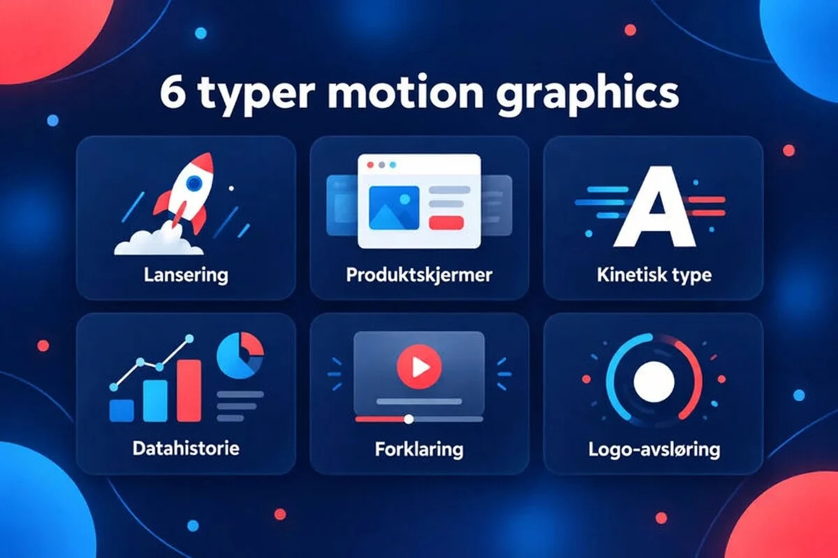 Seks typer motion graphics: lansering, produktskjermer, kinetisk typografi, datahistorie, forklaringsvideo og logoavsløring