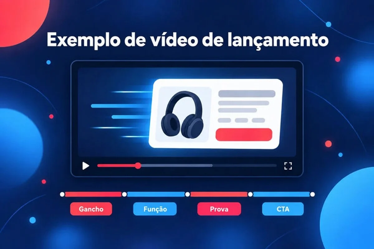 Exemplo de vídeo de lançamento: um cartão do produto desliza para dentro, com uma linha do tempo de gancho, recurso, prova e CTA