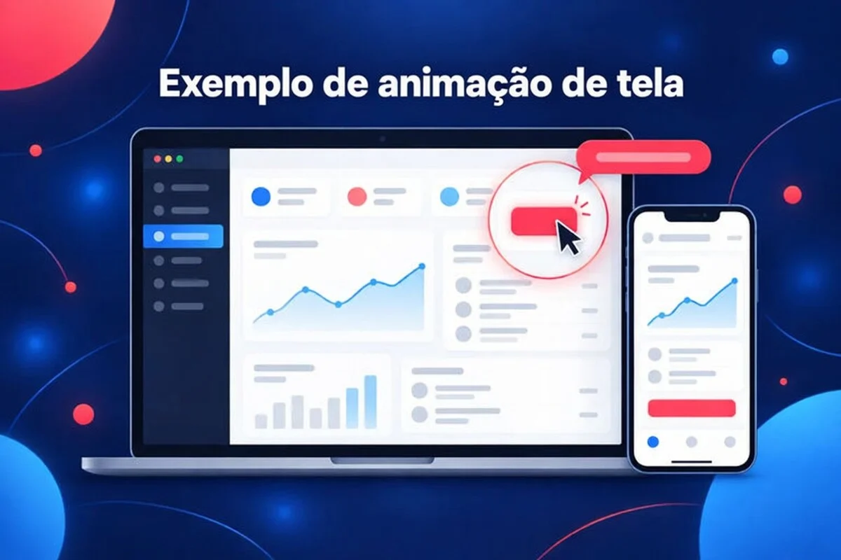 Exemplo de animação de tela de produto: zoom em um botão do painel e mockup de celular