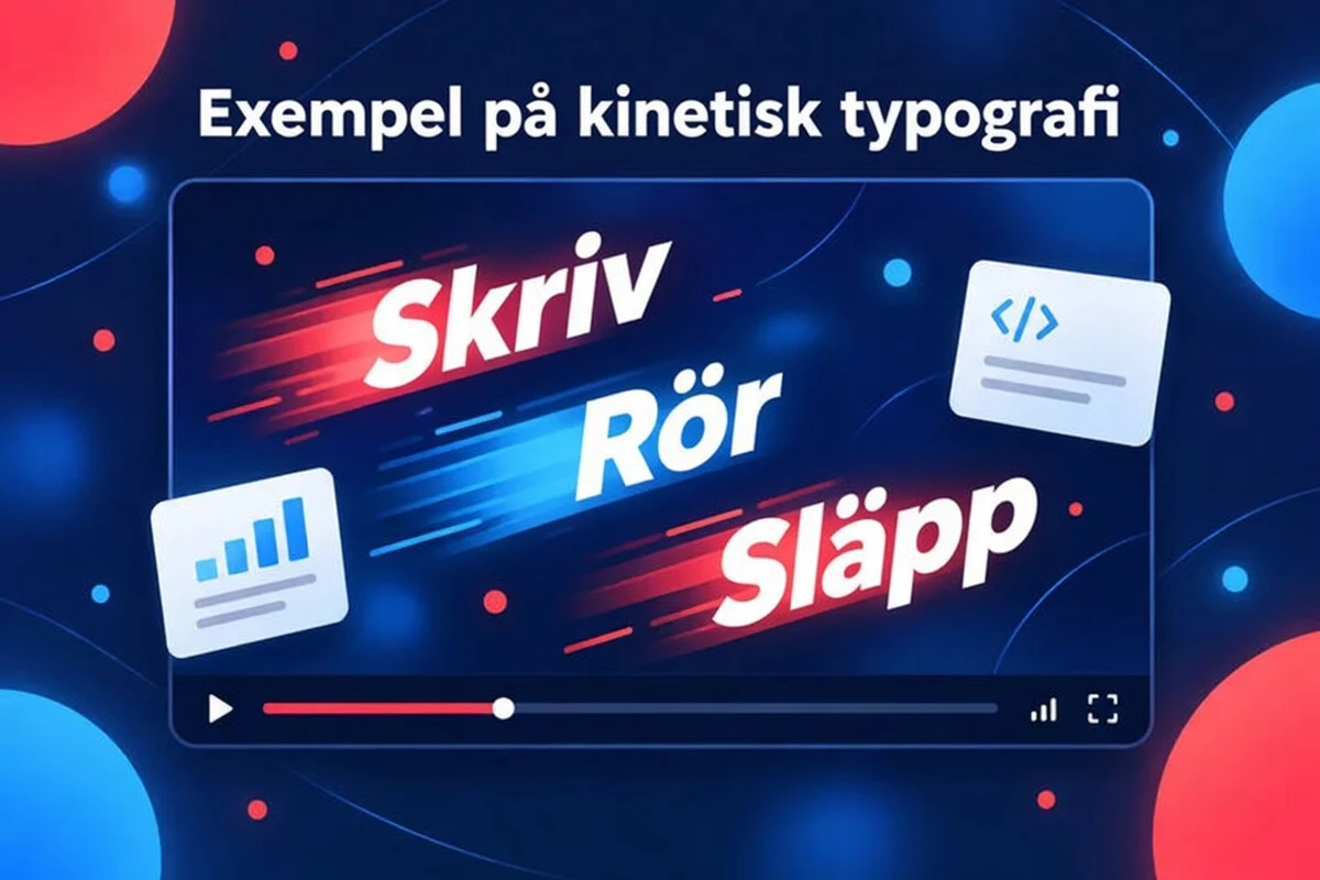 Exempel på kinetisk typografi: orden Write, Move och Ship animeras över en videoruta