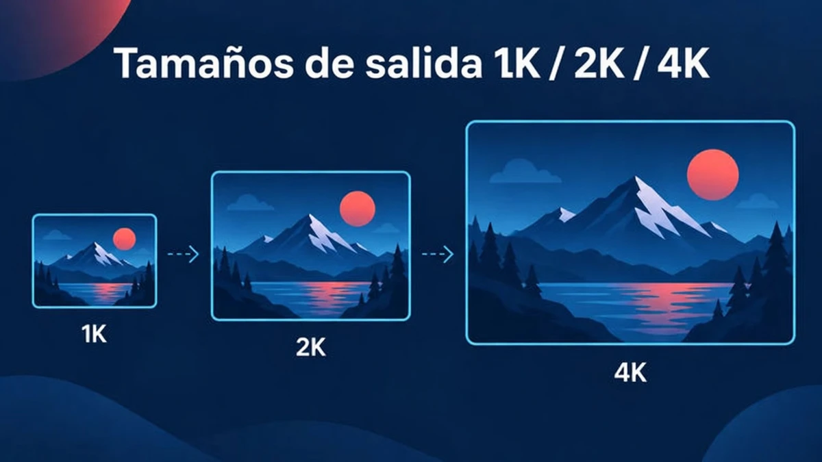Tamaños de salida de Nano Banana 2.1 en 1K, 2K y 4K mostrados como tres marcos anidados