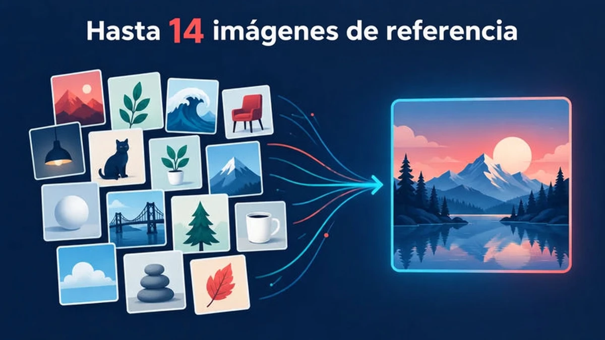 Nano Banana 2.1 acepta hasta 14 imágenes de referencia, mostradas como una cuadrícula de referencias de objetos y personajes
