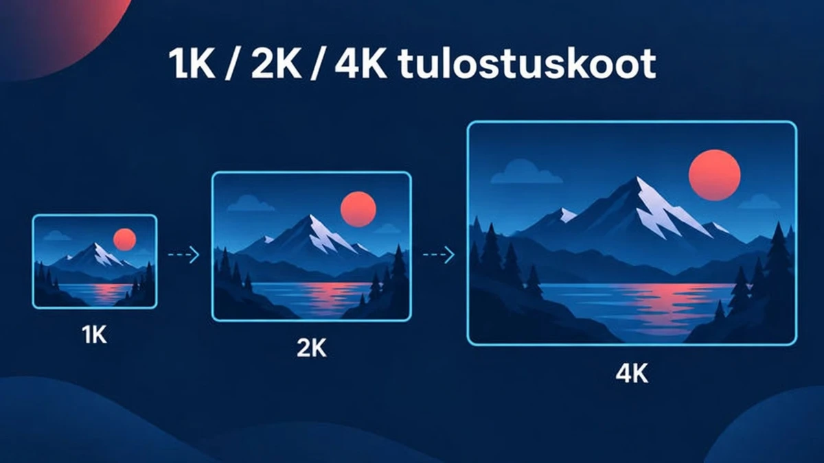 Nano Banana 2.1:n tulostekoot 1K, 2K ja 4K esitettynä kolmena sisäkkäisenä kehyksenä