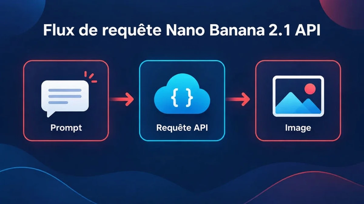 Flux de requête de l'API Nano Banana 2.1 : un prompt et des images de référence sont envoyés au modèle d'API Gemini et une image est renvoyée