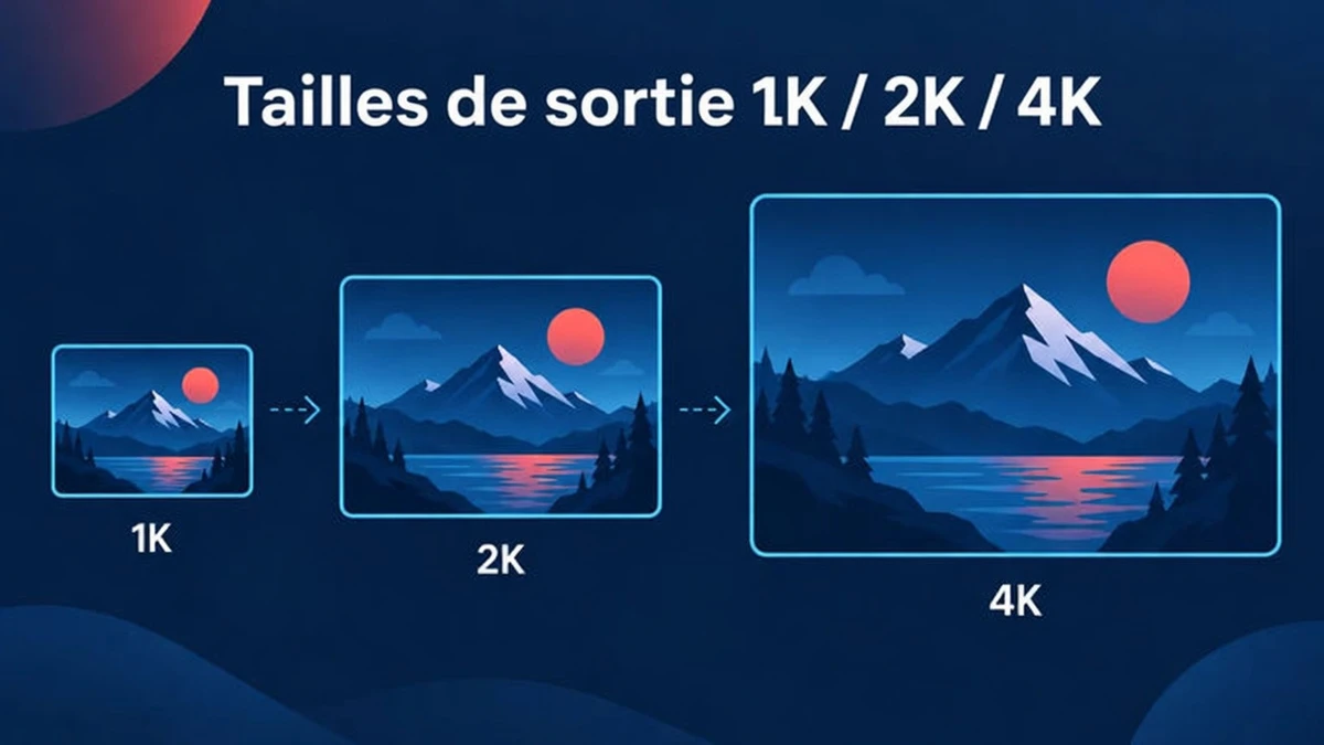 Tailles de sortie de Nano Banana 2.1 en 1K, 2K et 4K montrées sous forme de trois cadres imbriqués