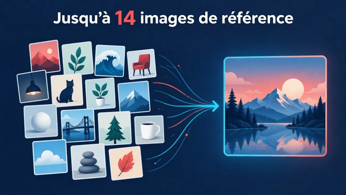 Nano Banana 2.1 accepte jusqu'à 14 images de référence, présentées sous forme de grille de références d'objets et de personnages