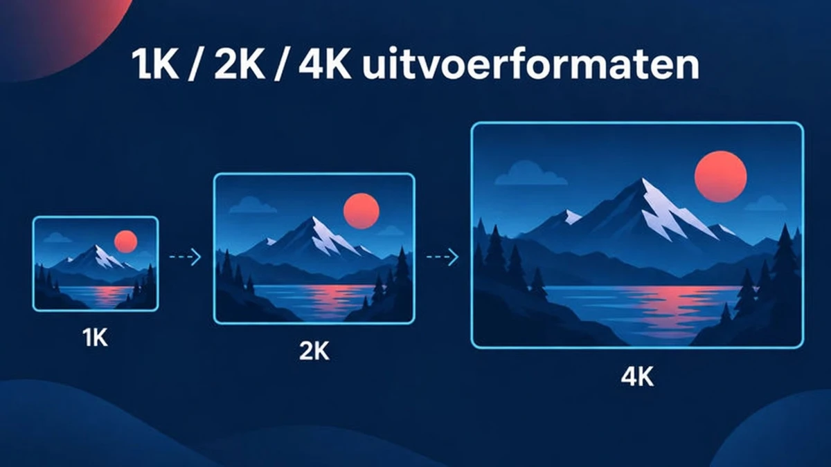 Uitvoerformaten van Nano Banana 2.1 op 1K, 2K en 4K weergegeven als drie geneste kaders