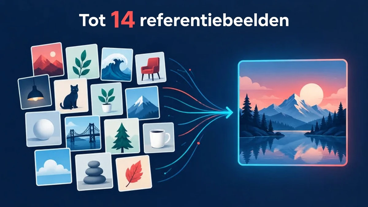 Nano Banana 2.1 accepteert tot 14 referentieafbeeldingen, weergegeven als een raster van object- en personagereferenties