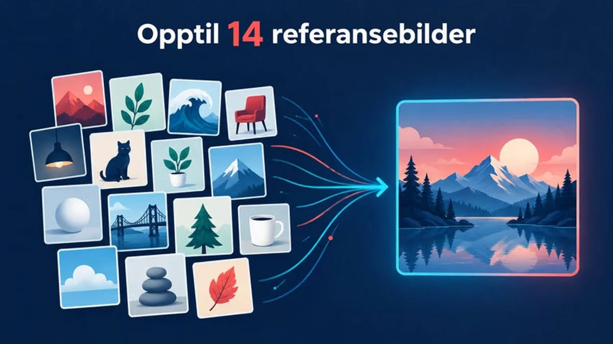 Nano Banana 2.1 godtar opptil 14 referansebilder, vist som et rutenett av objekt- og figurreferanser
