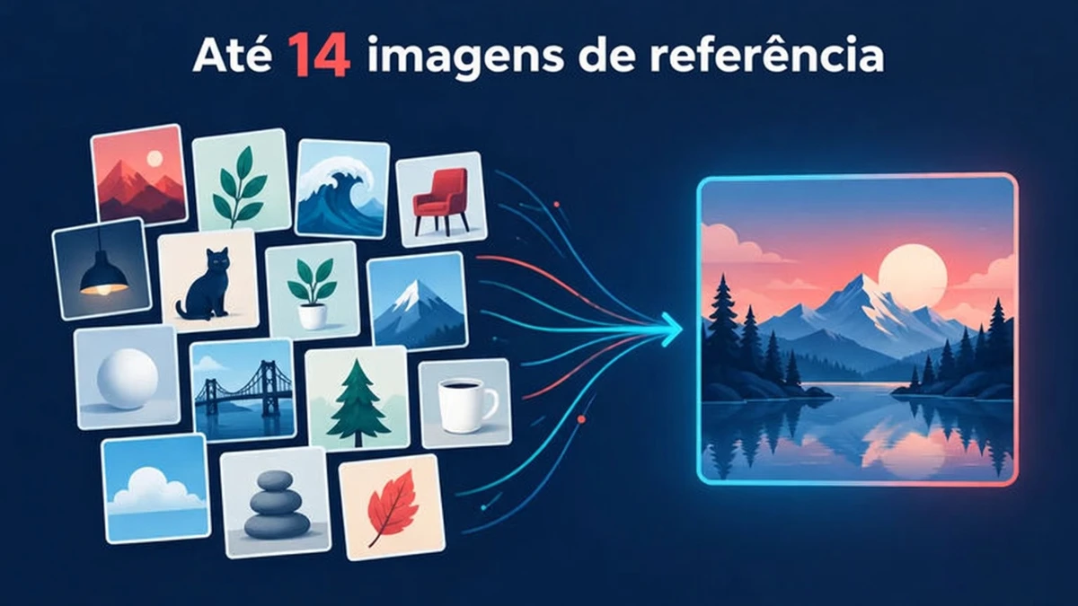 Nano Banana 2.1 aceita até 14 imagens de referência, mostradas como uma grade de referências de objetos e personagens