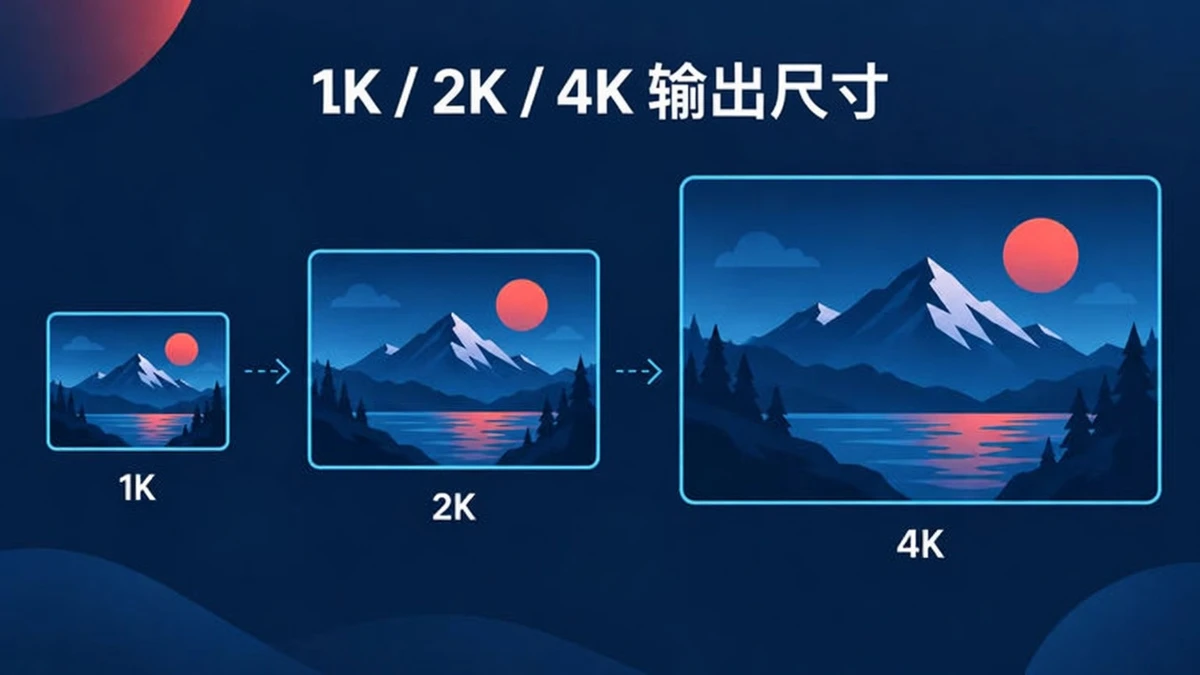 Nano Banana 2.1 在 1K、2K 和 4K 下的输出尺寸，以三个嵌套帧展示