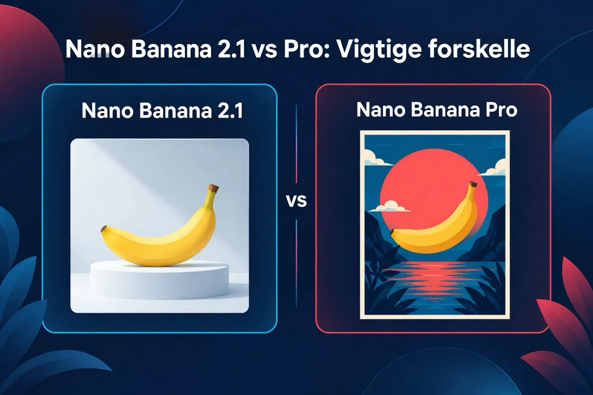 Side-om-side-sammenligning af Nano Banana 2.1 og Nano Banana Pro: den billigere hverdagsmodel mod den detaljefokuserede professionelle model