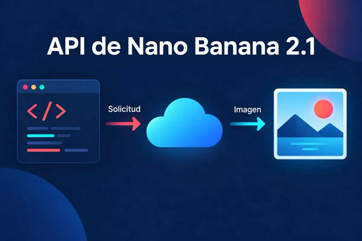 Diagrama de una aplicación que envía un prompt e imágenes de referencia a la API de Nano Banana 2.1 y recibe una imagen generada