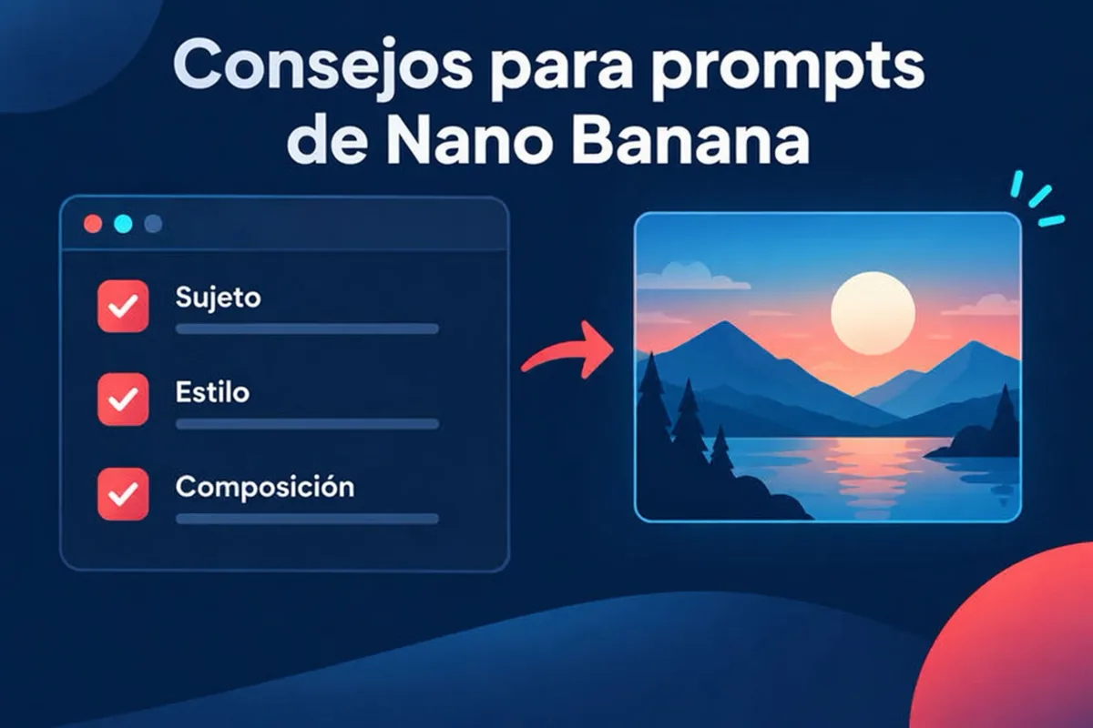 Lista visual de elementos de un prompt para Nano Banana 2.1 y Nano Banana Pro: sujeto, entorno, iluminación, ángulo de cámara, texto y función de las referencias