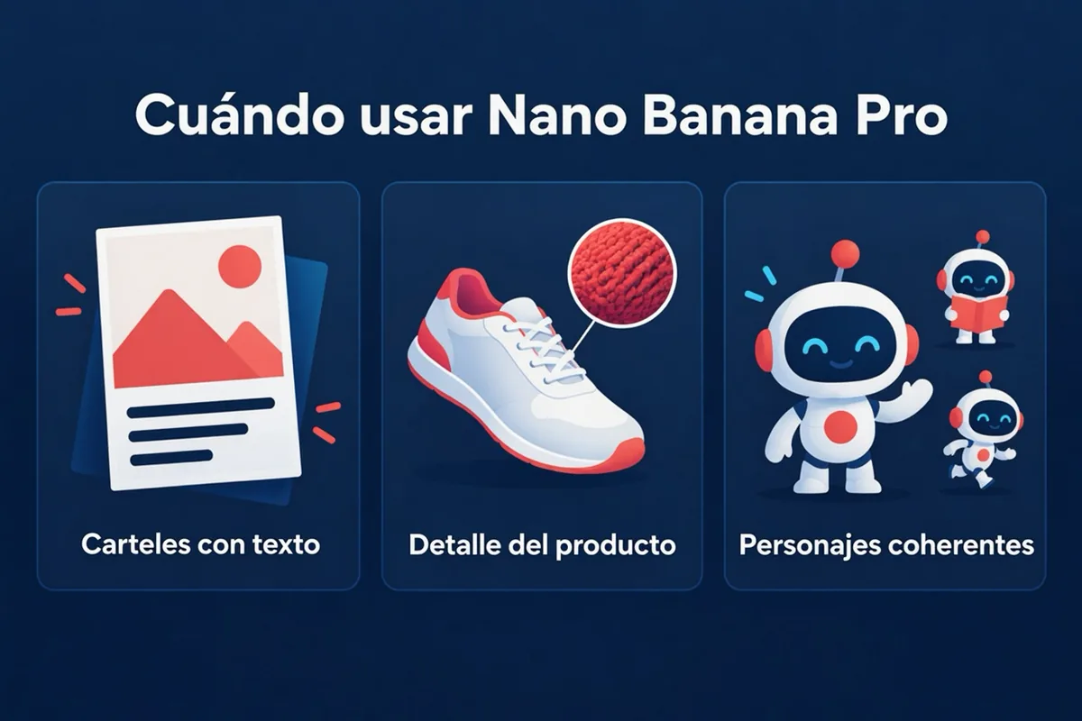 Guía para elegir entre Nano Banana 2.1 y Nano Banana Pro según necesites borradores, imágenes de productos, carteles con texto o personajes