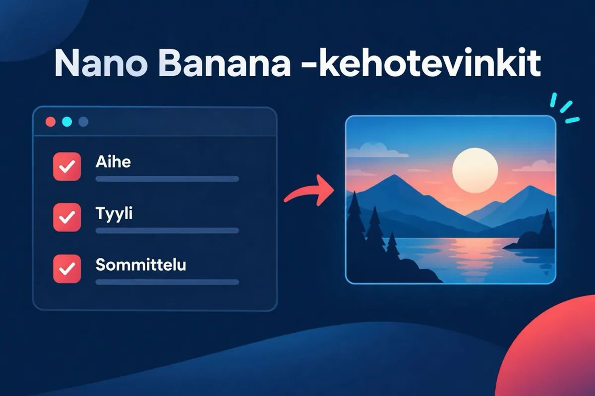 Tarkistuslista-tyylinen kuvitus kehotteen elementeistä: aihe, ympäristö, valaistus, kamerakulma, teksti ja viitteiden roolit