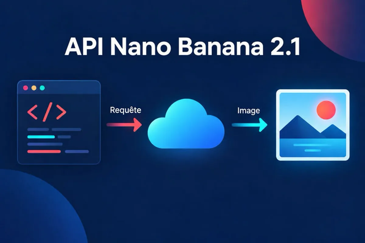 Schéma de l’API Nano Banana 2.1 montrant une application qui envoie un prompt et des images de référence à un modèle d’image, puis reçoit une image générée