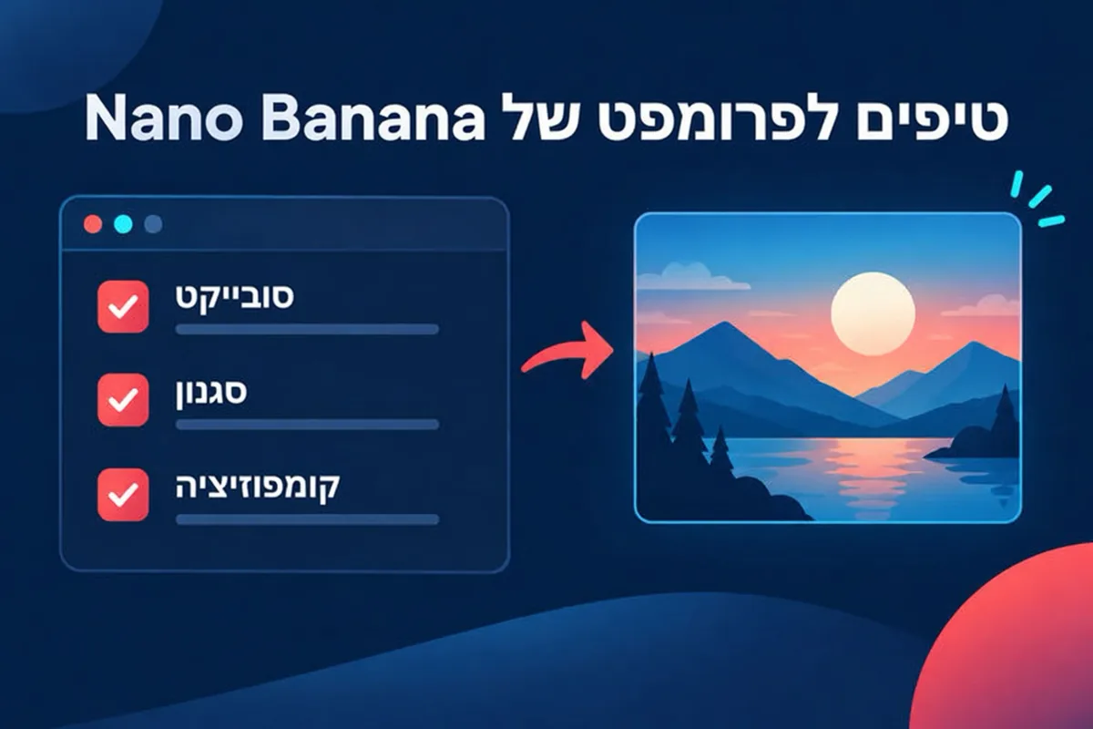 איור בסגנון צ'קליסט של רכיבי פרומפט: סובייקט, סביבה, תאורה, זווית מצלמה, טקסט ותפקידי תמונות ייחוס