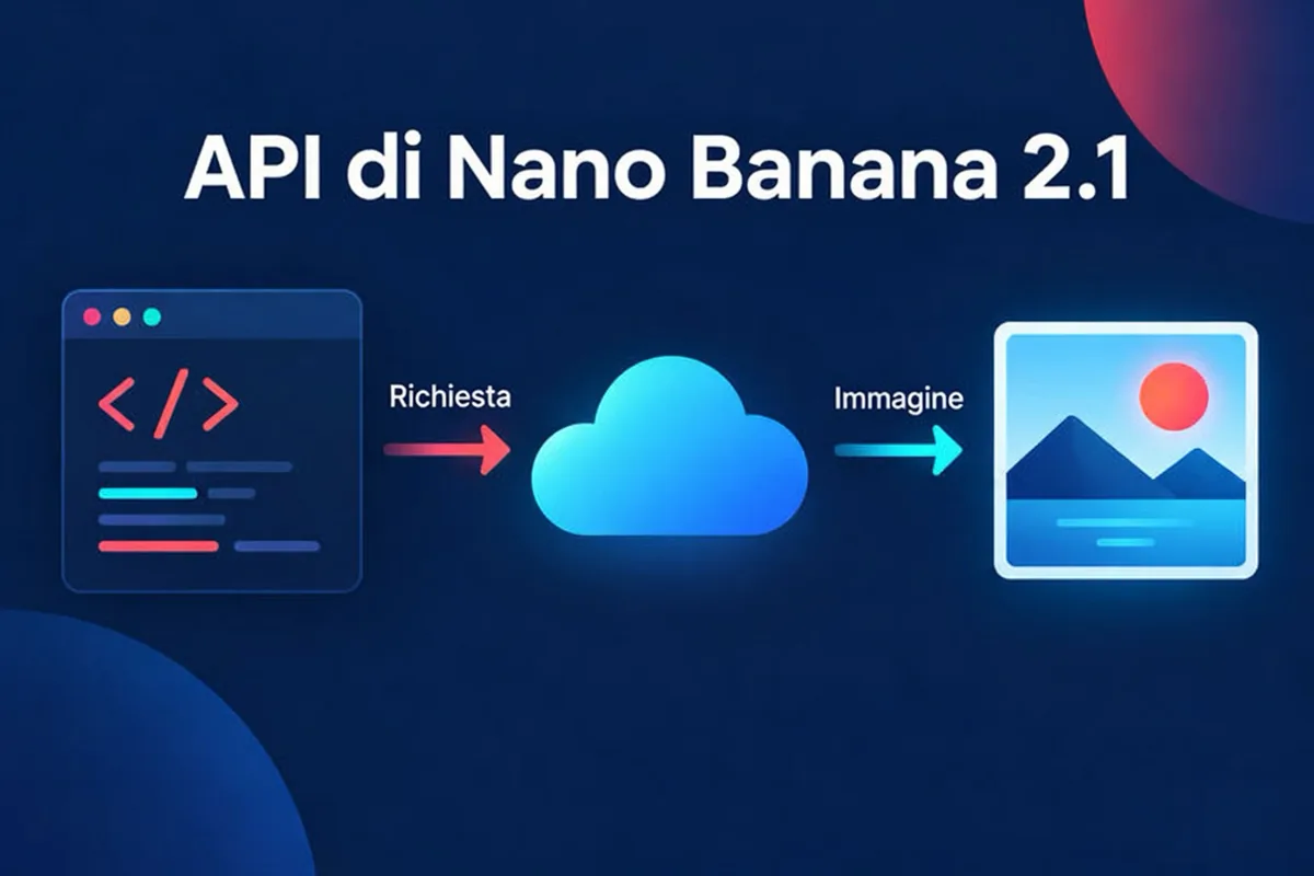 Schema dell'API di Nano Banana 2.1: un'applicazione invia un prompt e immagini di riferimento a un'API per immagini e riceve un'immagine generata