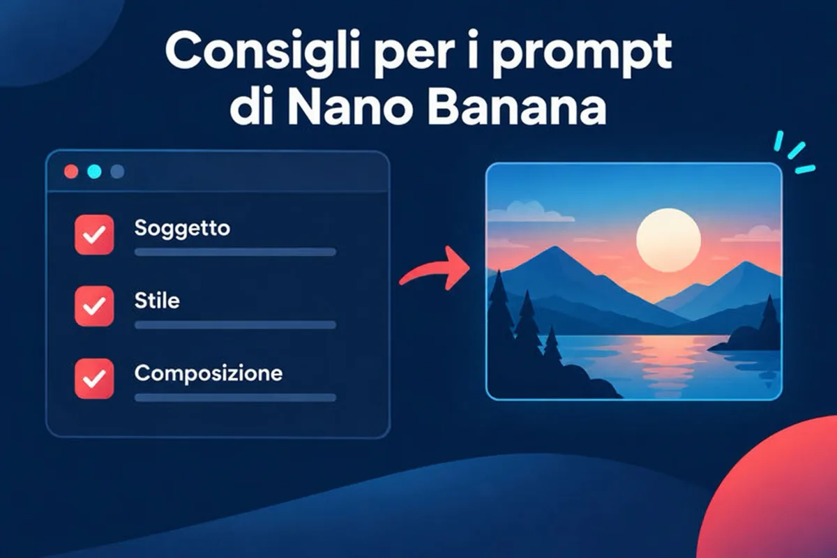 Elementi da includere nei prompt per Nano Banana 2.1 e Nano Banana Pro: soggetto, ambientazione, illuminazione, angolazione della fotocamera, testo e funzione dei riferimenti
