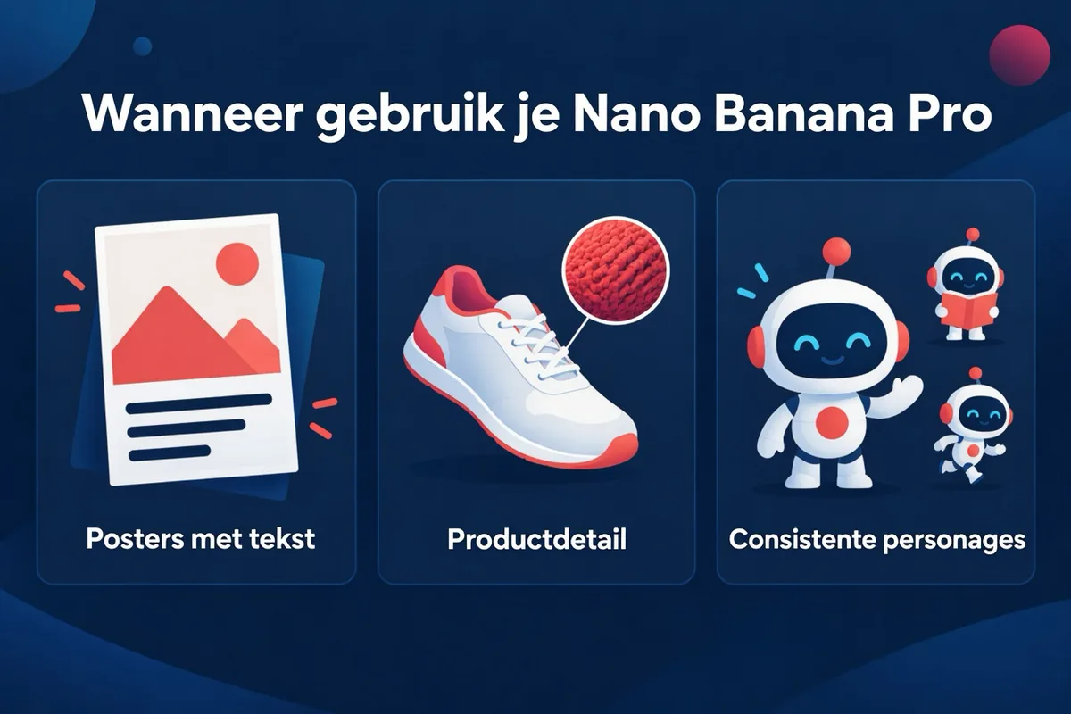 Beslissingsillustratie die laat zien welk model past bij schetsen, productafbeeldingen, posters met tekst en personagewerk
