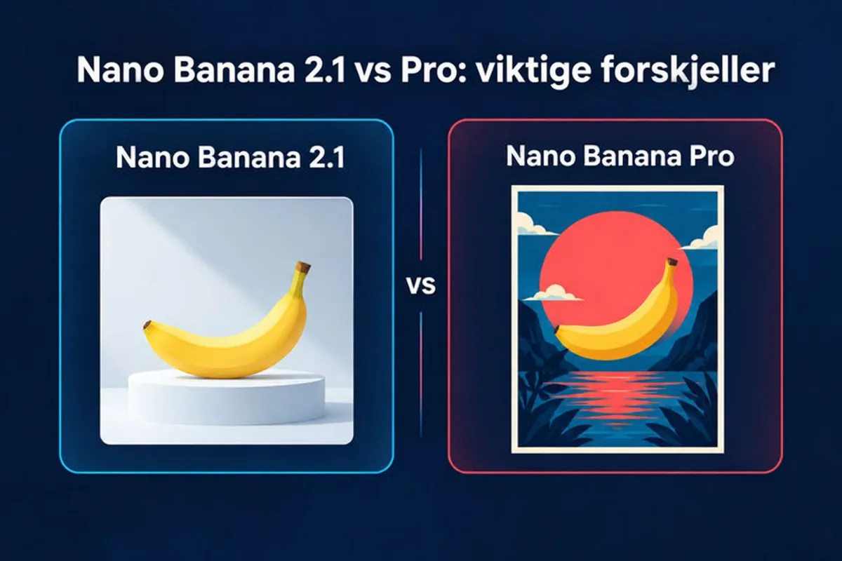 Sammenligning side om side av Nano Banana 2.1 og Nano Banana Pro: rimeligere hverdagsmodell mot detaljfokusert profesjonell modell
