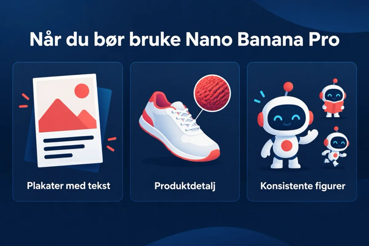 Beslutningsillustrasjon som viser hvilken modell som passer for utkast, produktbilder, plakater med tekst og figurarbeid