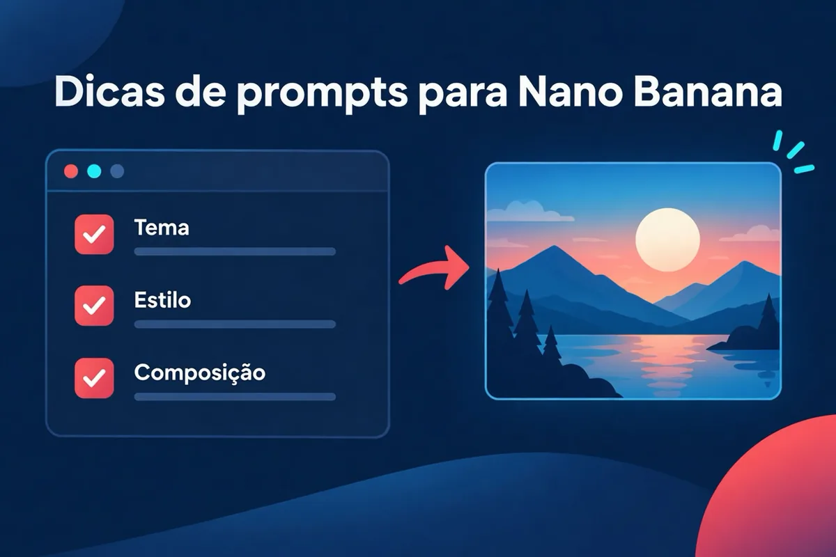 Lista ilustrada de elementos de um prompt para Nano Banana: tema, cenário, iluminação, ângulo de câmera, texto e função das referências
