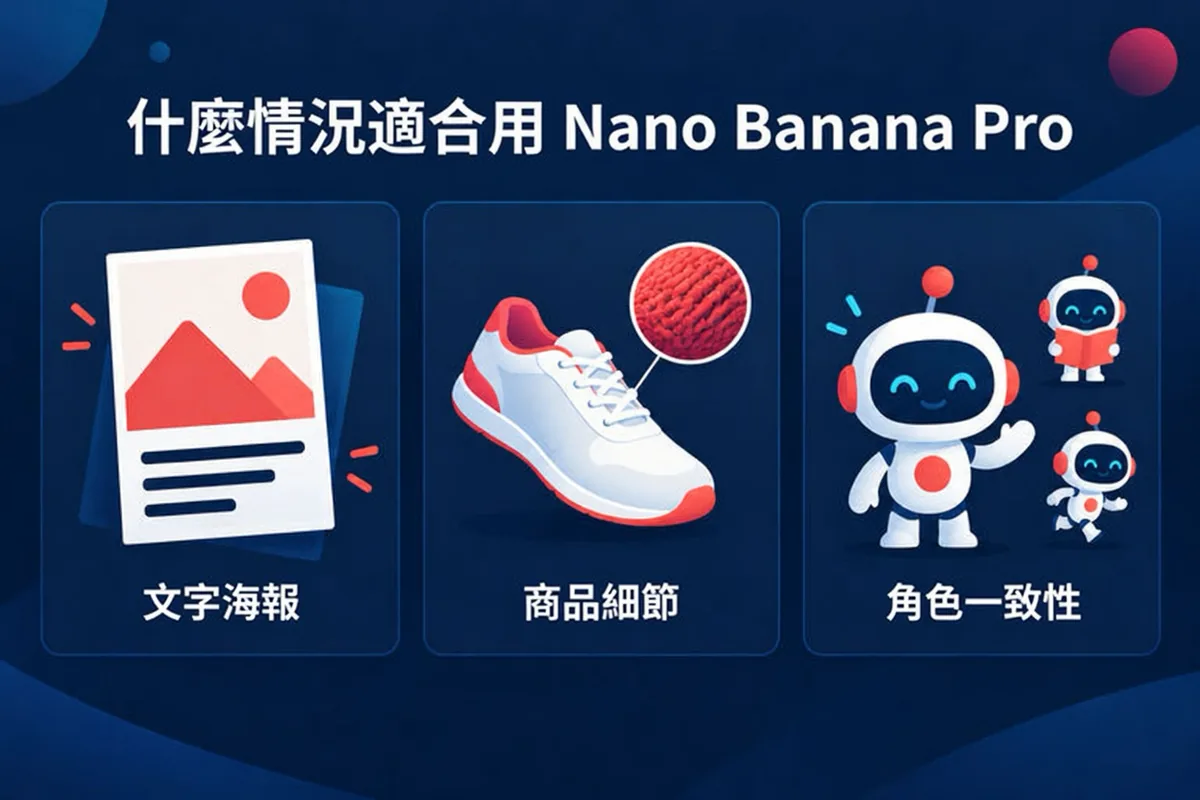 Nano Banana 2.1 與 Nano Banana Pro 選用示意圖：草稿、商品圖片、文字海報與角色製作的適用模型