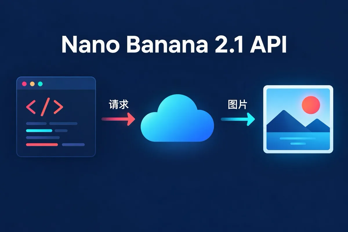 Nano Banana 2.1 API 调用示意图：应用向图像模型 API 发送提示词和参考图，再接收生成的图片