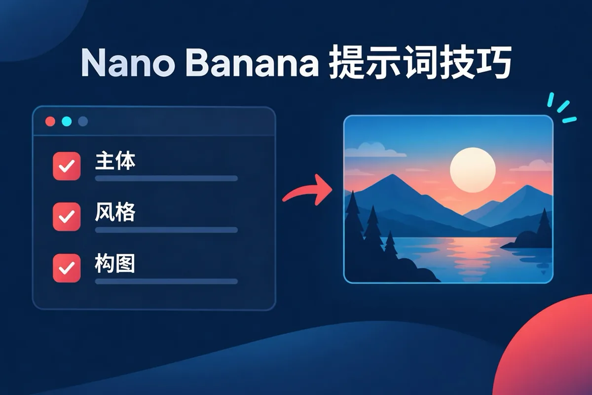 Nano Banana 提示词要素清单示意图：主体、环境、光照、拍摄角度、文字与参考图用途