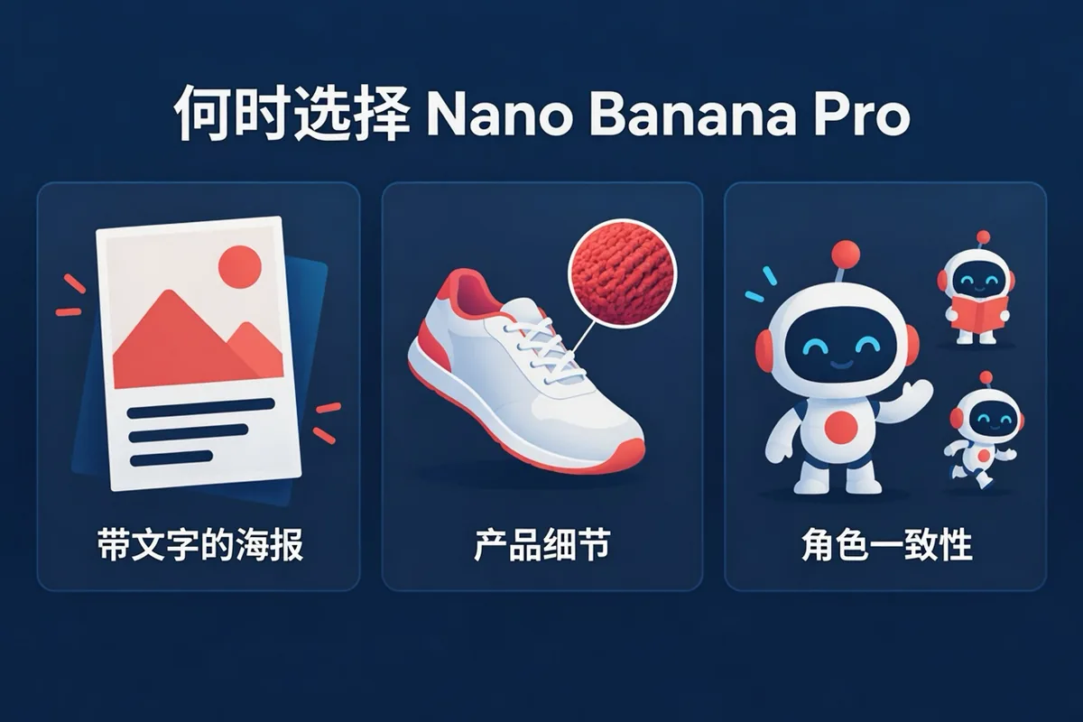 Nano Banana 2.1 和 Nano Banana Pro 选择示意图：草稿、产品图片、带文字的海报和角色创作的适用模型