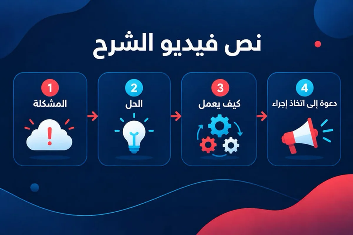 بنية نص فيديو الشرح من أربعة أجزاء: المشكلة، والحل، وكيف يعمل، والدعوة إلى اتخاذ إجراء.