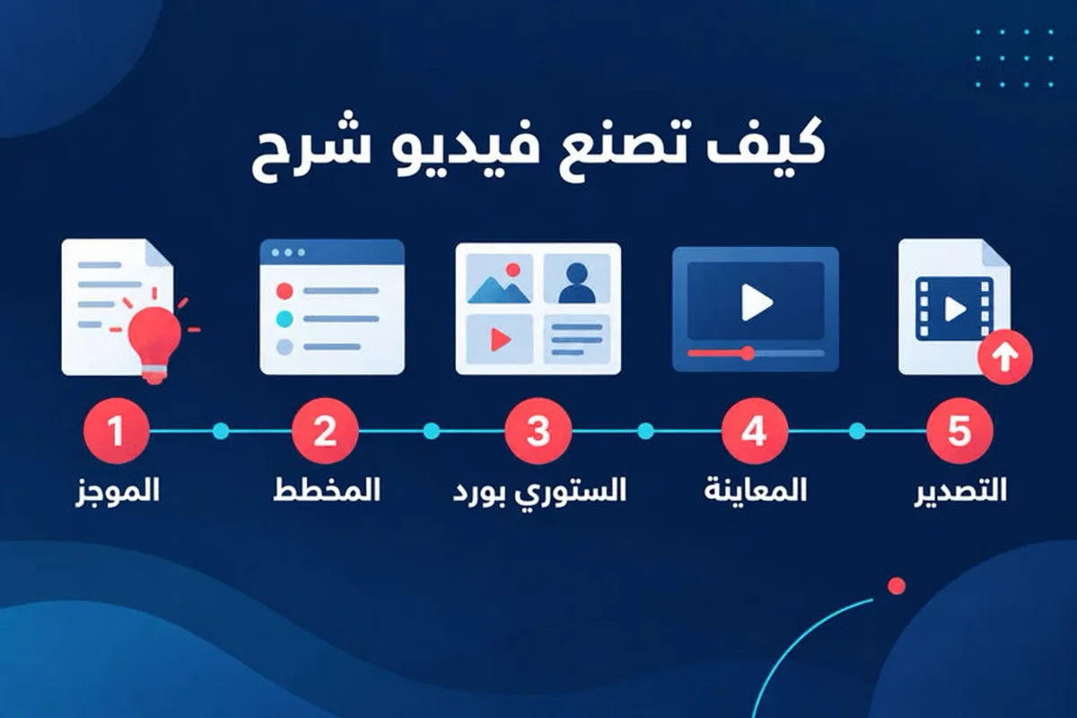 عملية من خمس خطوات لصناعة فيديو شرح: اختر موضوعًا، راجع المخطط، حرّر الستوري بورد، اضبط الصوت والتنسيق، ثم عاين وصدّر.
