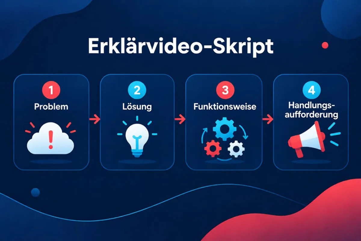 Der Aufbau eines Erklärvideo-Skripts in vier Teilen: Problem, Lösung, Funktionsweise und Handlungsaufforderung.