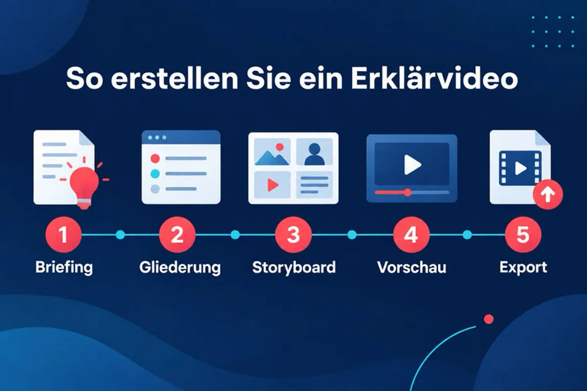Ein Erklärvideo in fünf Schritten erstellen: Thema wählen, Gliederung prüfen, Storyboard bearbeiten, Stimme und Format festlegen, anschließend Vorschau ansehen und exportieren.