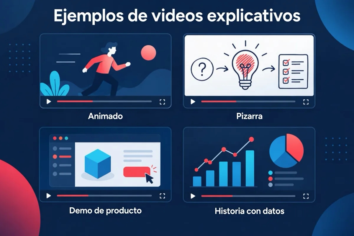 Ejemplos de videos explicativos en distintos estilos visuales: escenas animadas, una secuencia de pizarra, un recorrido por una pantalla y una escena con un gráfico.