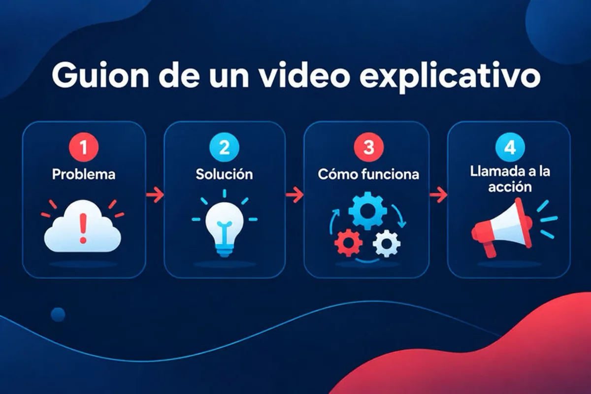 Estructura del guion de un video explicativo en cuatro partes: el problema, la solución, cómo funciona y la llamada a la acción.