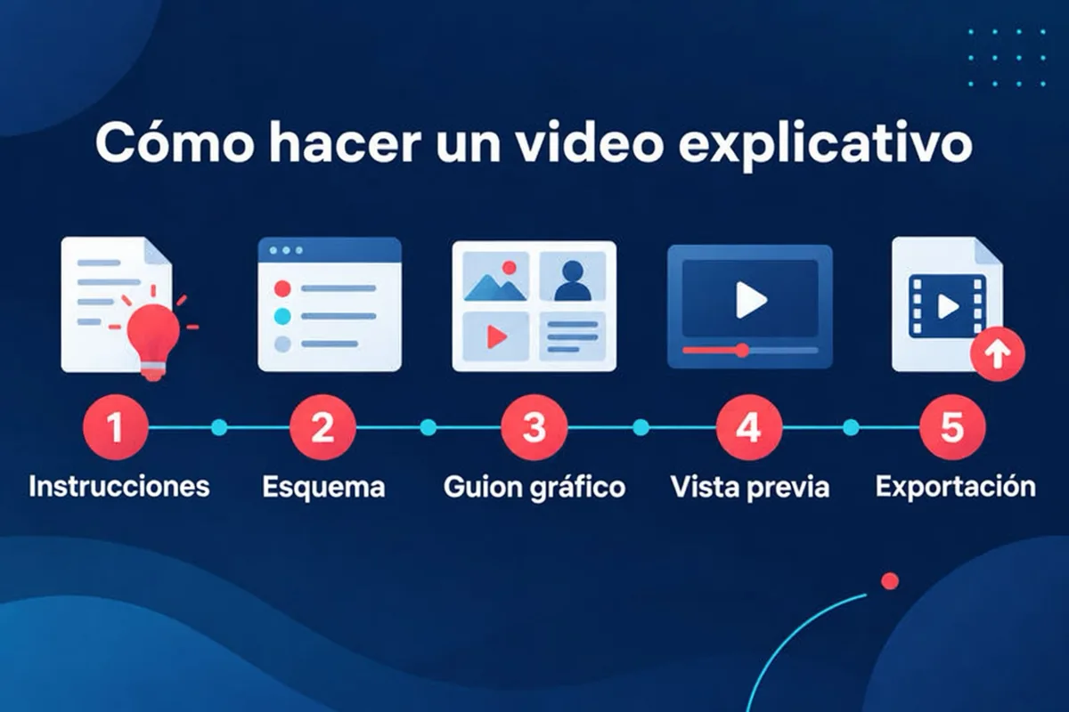 Proceso de cinco pasos para crear un video explicativo: elegir un tema, revisar el esquema, ajustar el guion gráfico, configurar la voz y el formato, y revisar la vista previa antes de exportar.