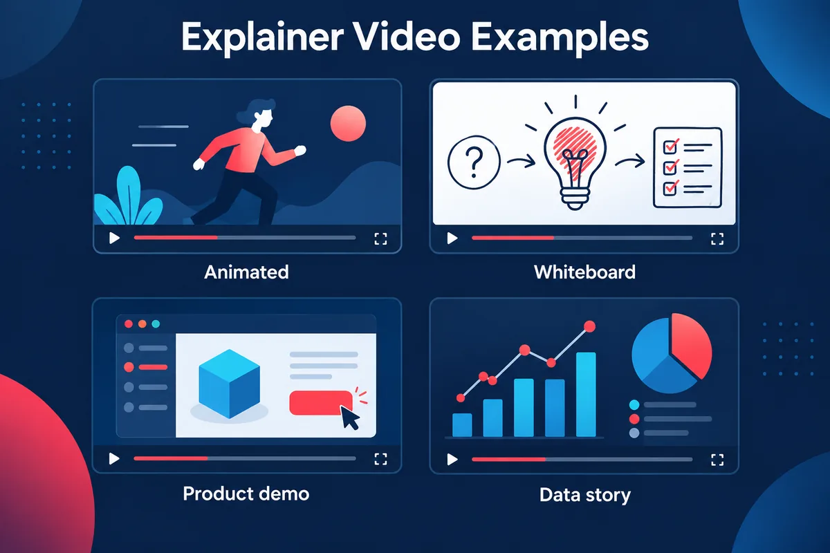 A grid of explainer video examples showing different visual styles: animated scenes, a whiteboard-style sequence, a screen-based walkthrough and a chart scene.