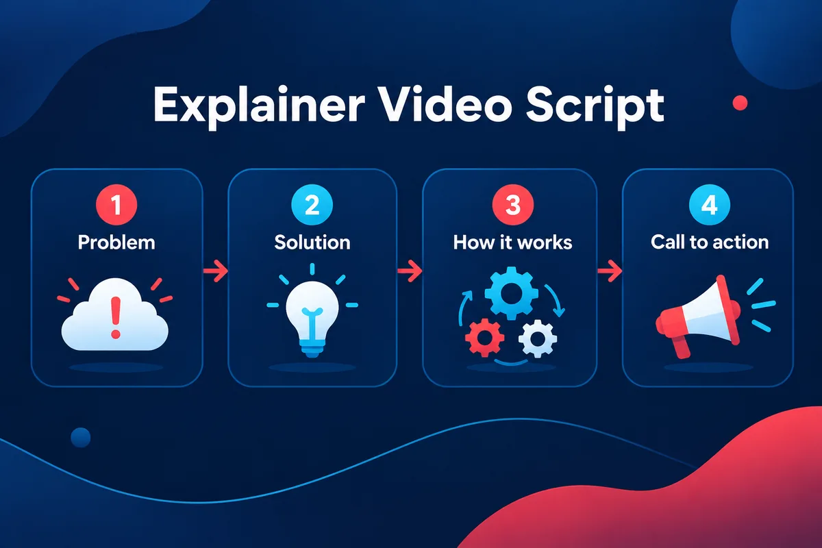 A four-part explainer video script structure: the problem, the solution, how it works and the call to action.