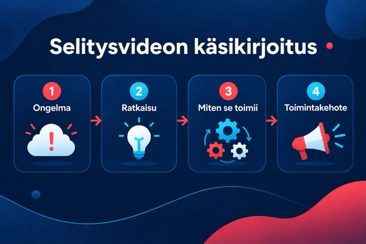 Neliosainen selitysvideon käsikirjoitusrakenne: ongelma, ratkaisu, miten se toimii ja toimintakehote.