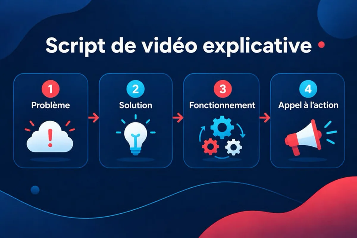 Structure du script d’une vidéo explicative en quatre parties : le problème, la solution, le fonctionnement et l’appel à l’action.