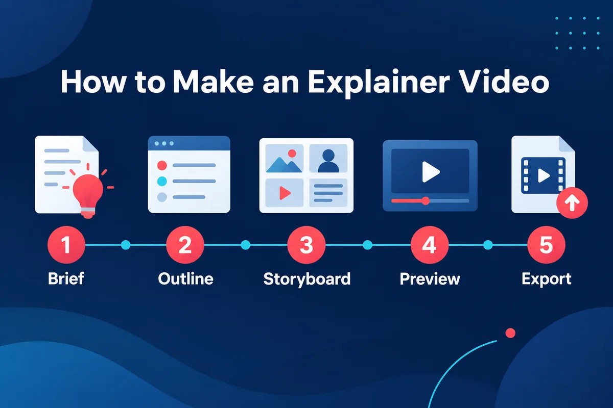 A five-step process for making an explainer video: choose a topic, review the outline, edit the storyboard, set the voice and format, then preview and export.