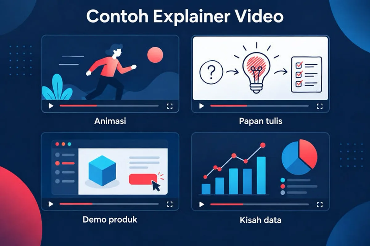 Kumpulan contoh explainer video yang menampilkan berbagai gaya visual: adegan animasi, urutan bergaya papan tulis, penelusuran berbasis layar dan adegan grafik.