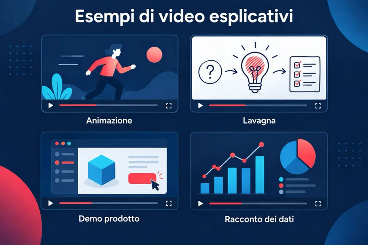 Una griglia di esempi di video esplicativo con diversi stili visivi: scene animate, una sequenza in stile lavagna, una guida sullo schermo e una scena con un grafico.