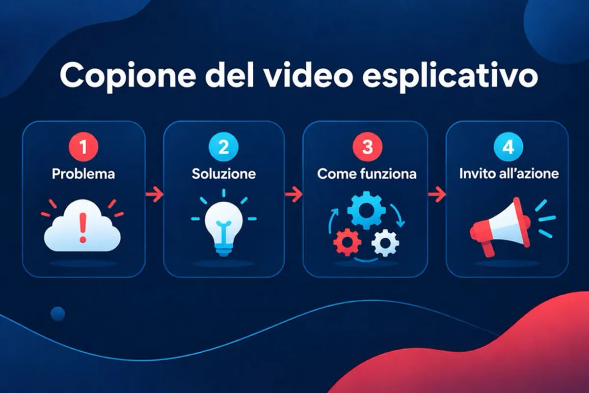 La struttura in quattro parti del copione di un video esplicativo: problema, soluzione, funzionamento e invito all’azione.