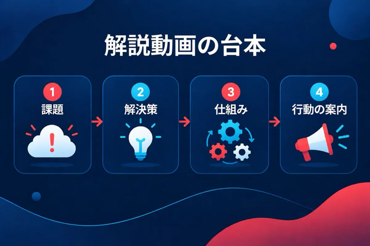 解説動画の台本を、課題、解決策、仕組み、行動の案内という 4 つの部分に分けた構成図です。