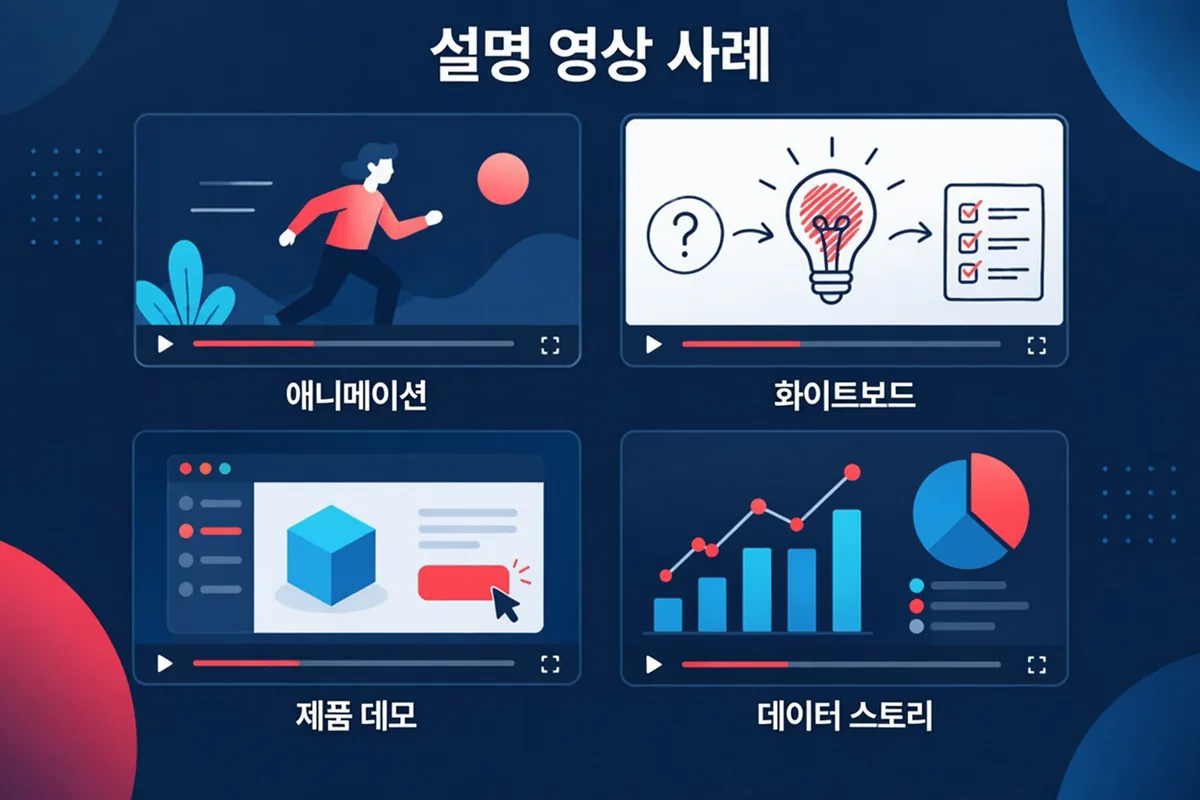 애니메이션 장면, 화이트보드 형식의 순차 설명, 화면 기반 사용 안내, 차트 장면 등 서로 다른 시각적 스타일의 설명 영상 사례를 모은 이미지입니다.